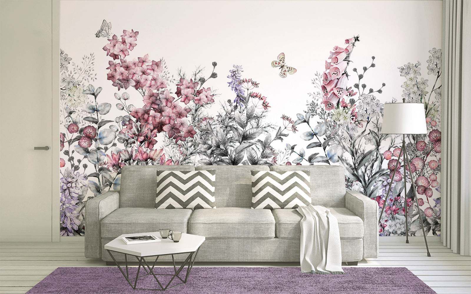 Fototapete DESIGNWALLS - rosa-grau - Blumen - 2,55 Meter