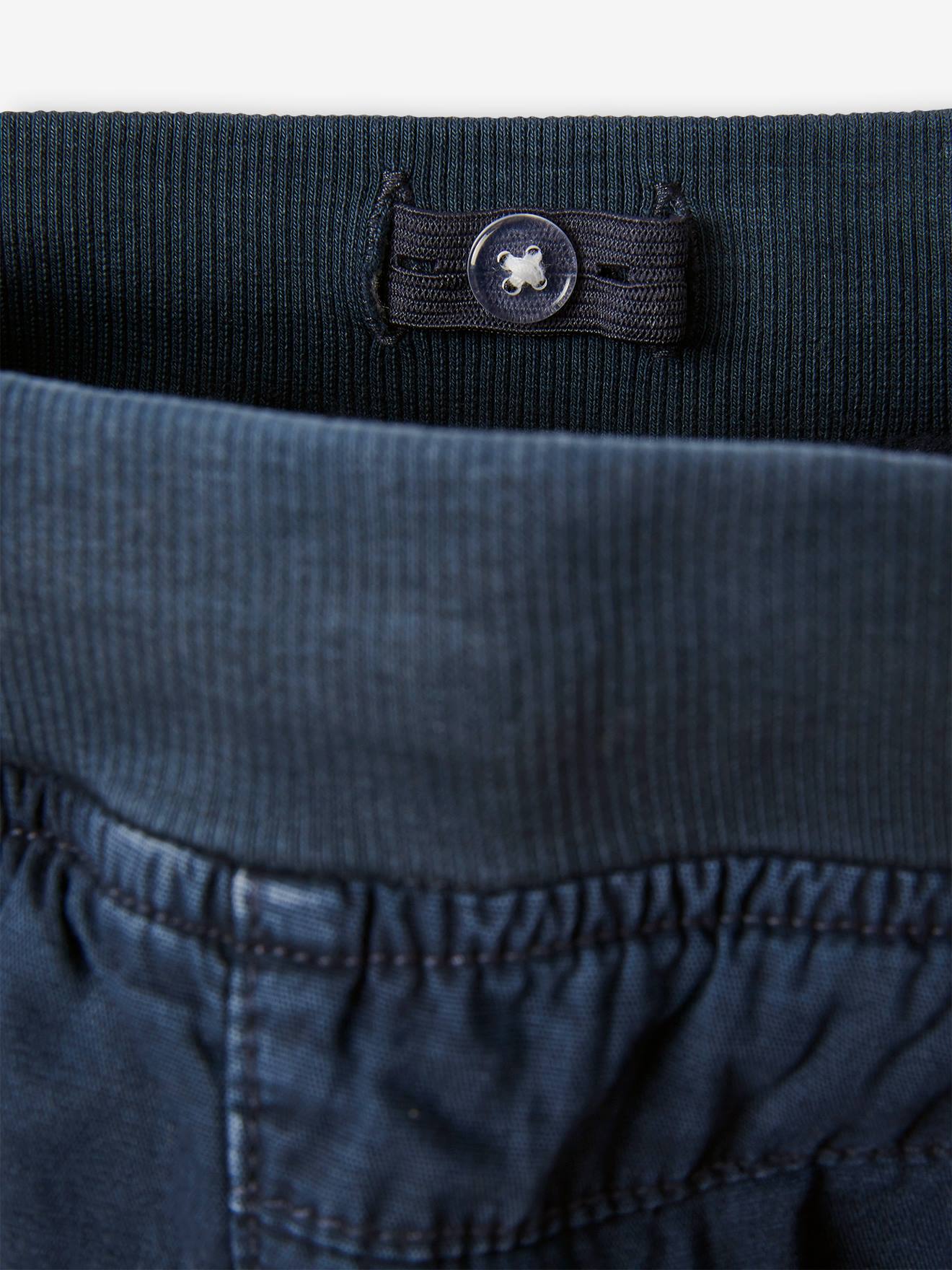 Calças de moletom forradas com lã polar, fáceis de vestir, para meninos, lisas na cor azul-escura com estampas.