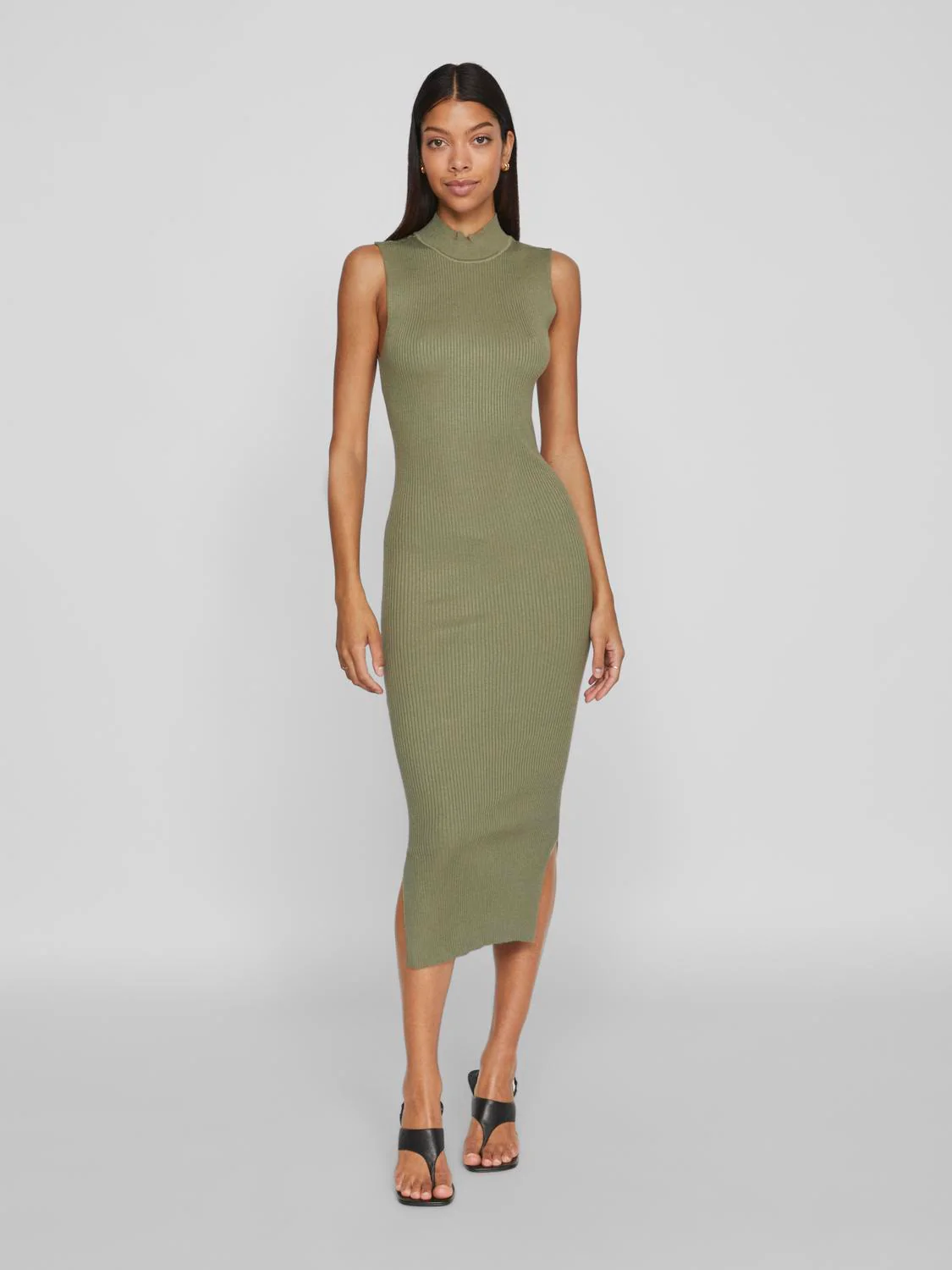 Vila  Vistylie High-Neck S/L Rib Knit kjole - Oil Green