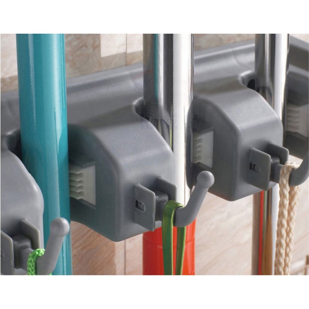 Wand Halterung Stauraum Organizer für Besen / Werkzeug / Mopp mit 4 Schnellspanner   5 Haken - Grau