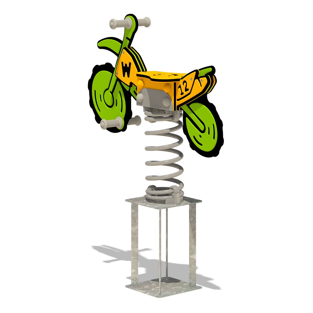 WICKEY Spring Rocker PRO Crossbike Crossey – CONCRETE ANCHOR – openbare spring rocker volgens 1176 – voor openbare en particuliere ruimtes. Anti-vandalisme – groen/geel