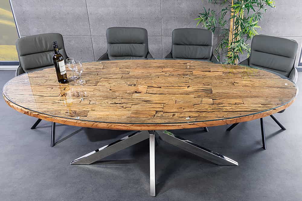 Massiver Esstisch BARRACUDA 220cm braun Teakholz silber Sterngestell Glasplatte