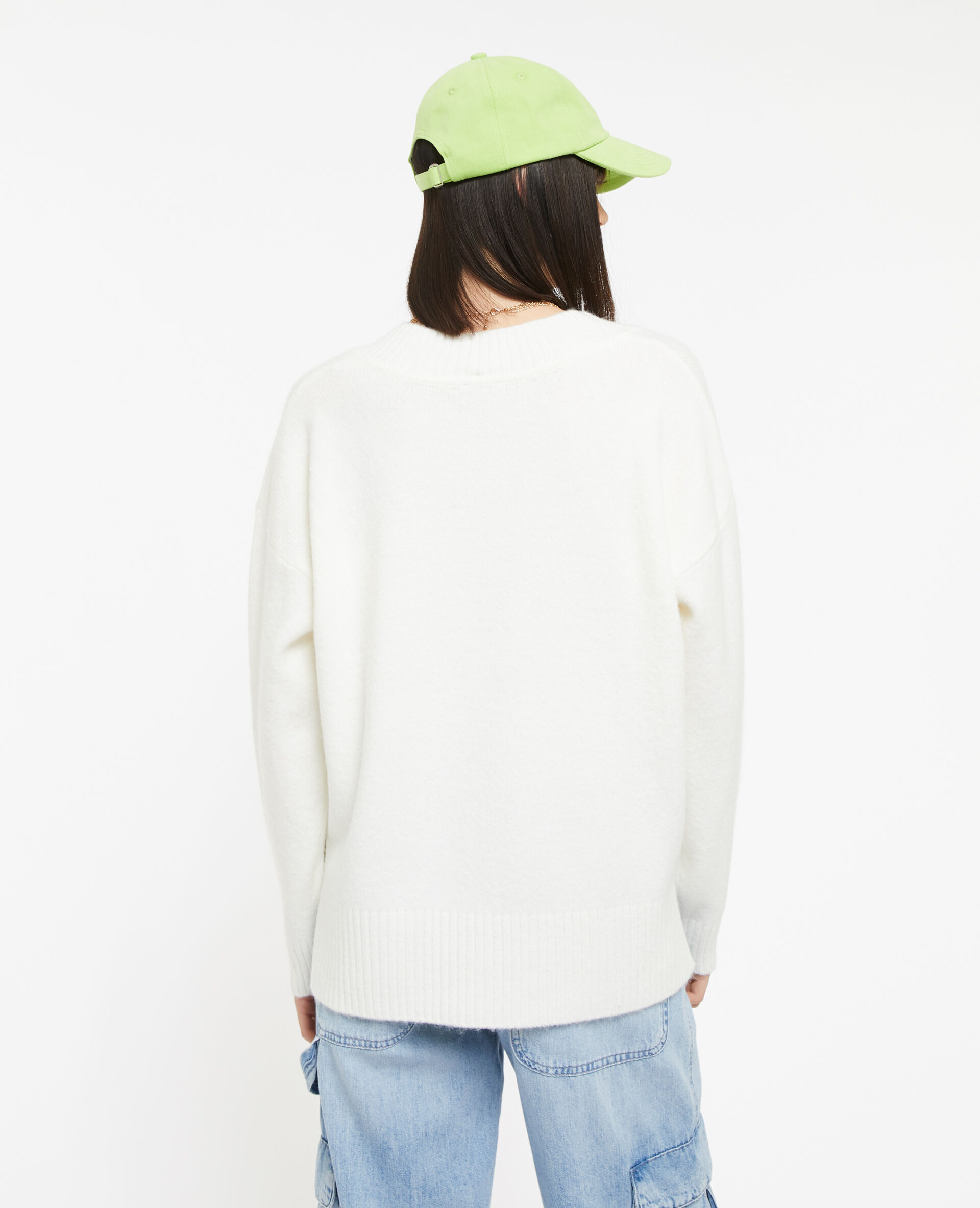 Pull droit avec grand col V - Blanc