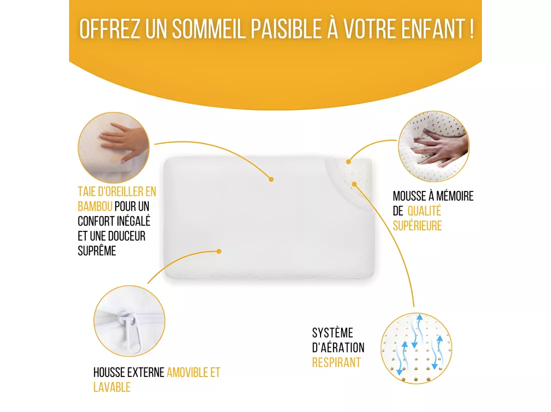 Oreiller Enfant Respirant en Tissu de Bambou 50x30x5,5 INPHYSIO