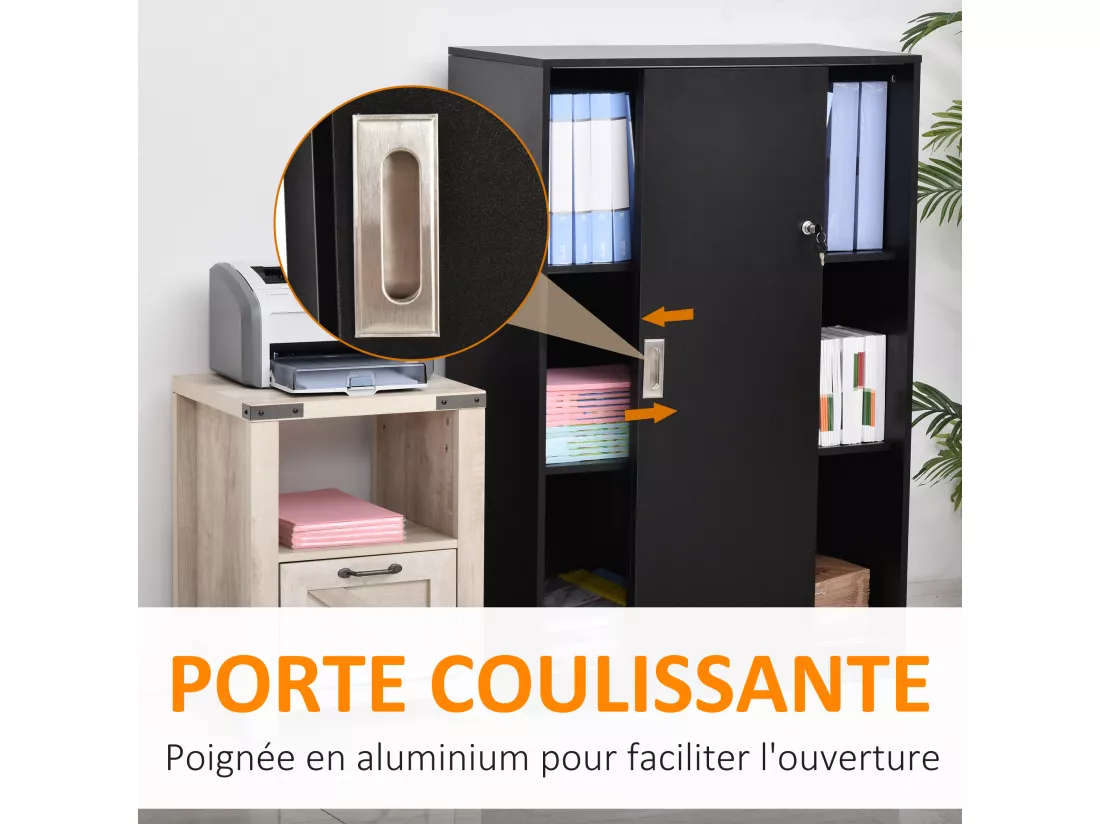 Armoire de bureau 2 portes coulissantes verrouillables dim. 80L x 40l x 120H cm 2 étagères panneaux particules noir