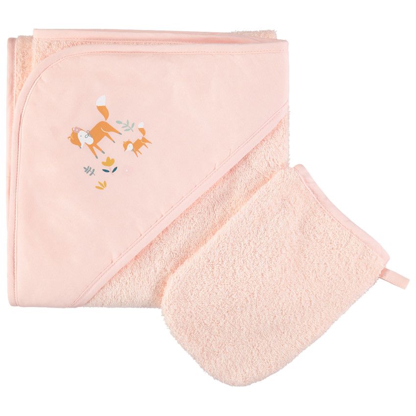 Set de bain en éponge avec renards printés sur la capuche et gant uni - Rose