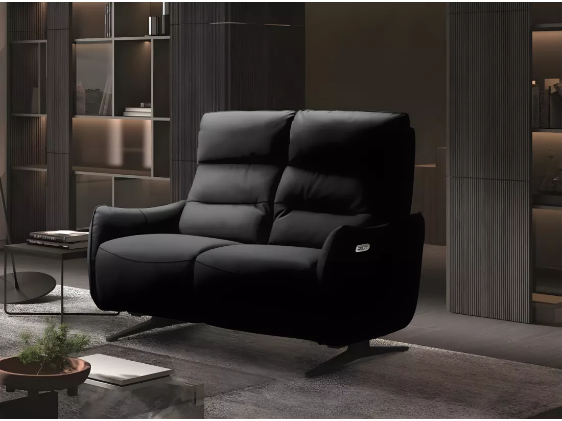 Canapé de relaxation en cuir Kondonia-Couleur Noir-Système Fixe - sans relax-2 places