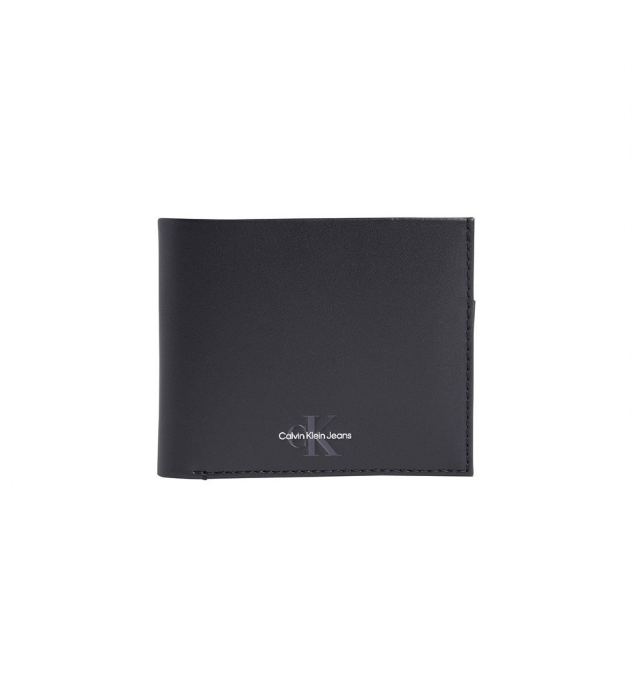 Porta-cartões dobrável em couro macio com monograma Calvin Klein Jeans, preto.