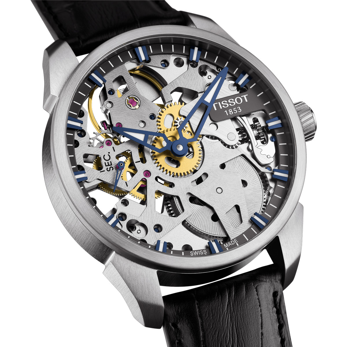 Montre Tissot homme mécanique squelette acier cuir