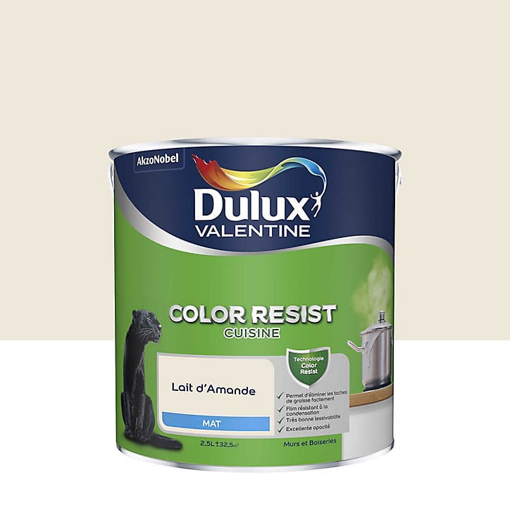 Peinture murs et boiseries Color Resist cuisine Dulux Valentine mat lait d'amande 2,5L