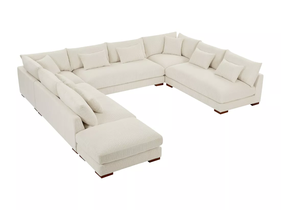 Grand canapé d'angle panoramique et pouf en velours côtelé beige SPERONE de Pascal Morabito