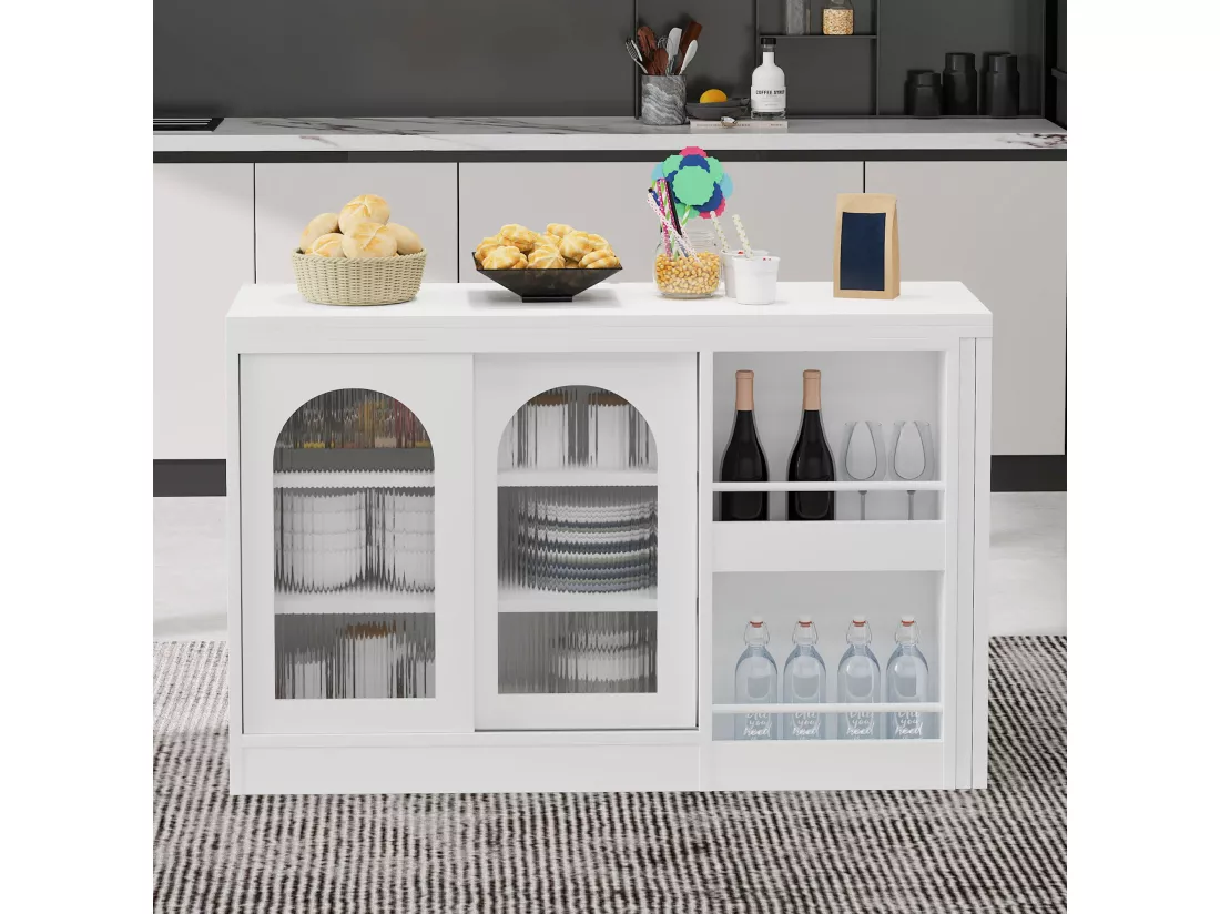 Meuble de bar extensible pivotant, table à manger - 2 portes coulissantes en verre et 2 étagères - Bois MDF - 115 x 40 x 74.5 cm - Blanc