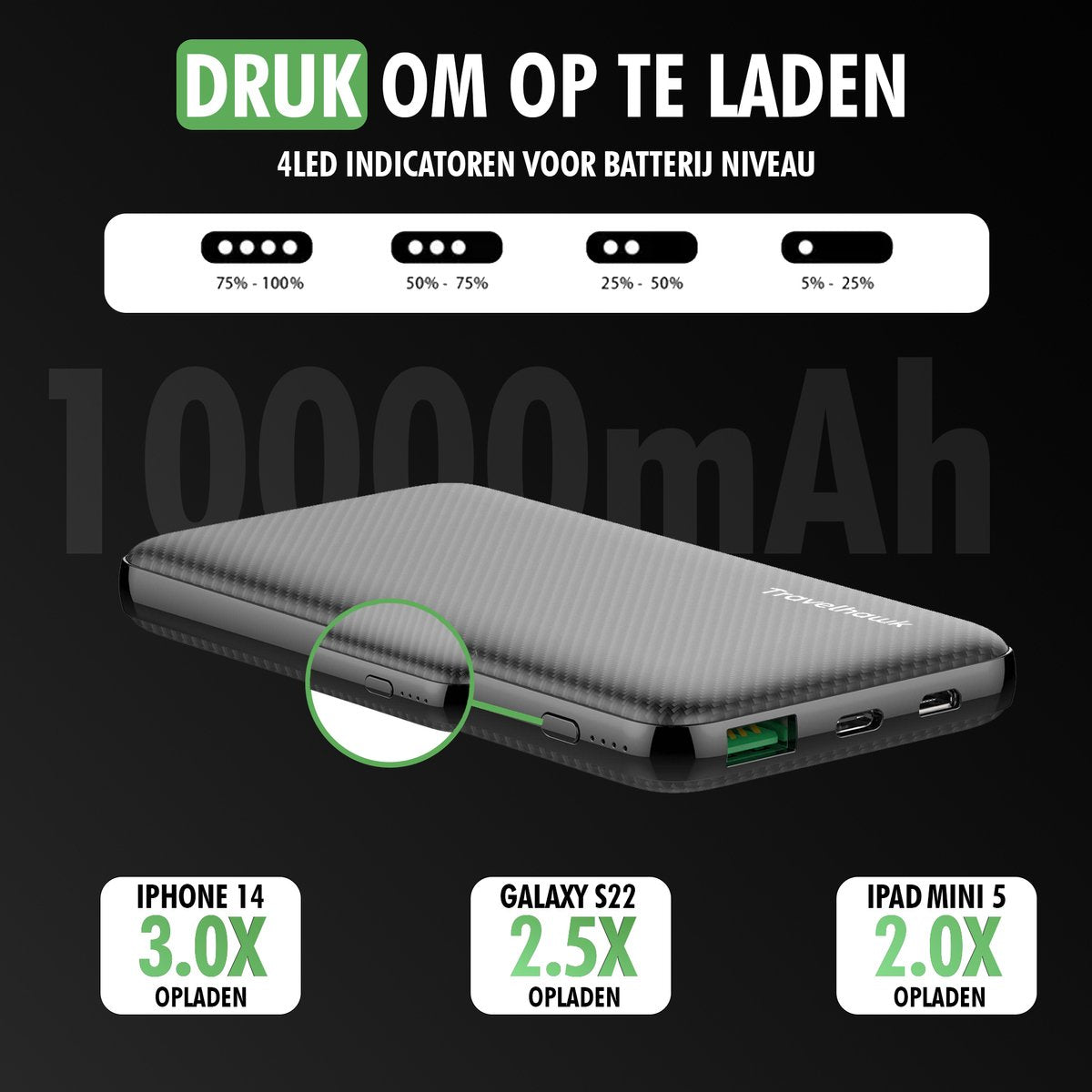 Travelhawk powerbank - 10.000 mAh
