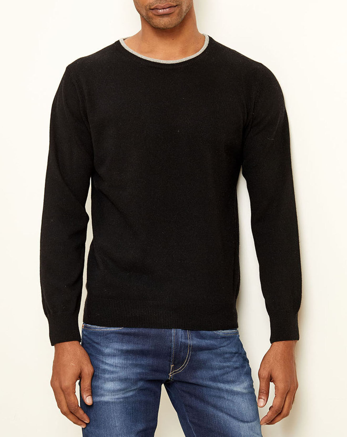 Uverny Pull 100% Cachemire col rond noir/gris