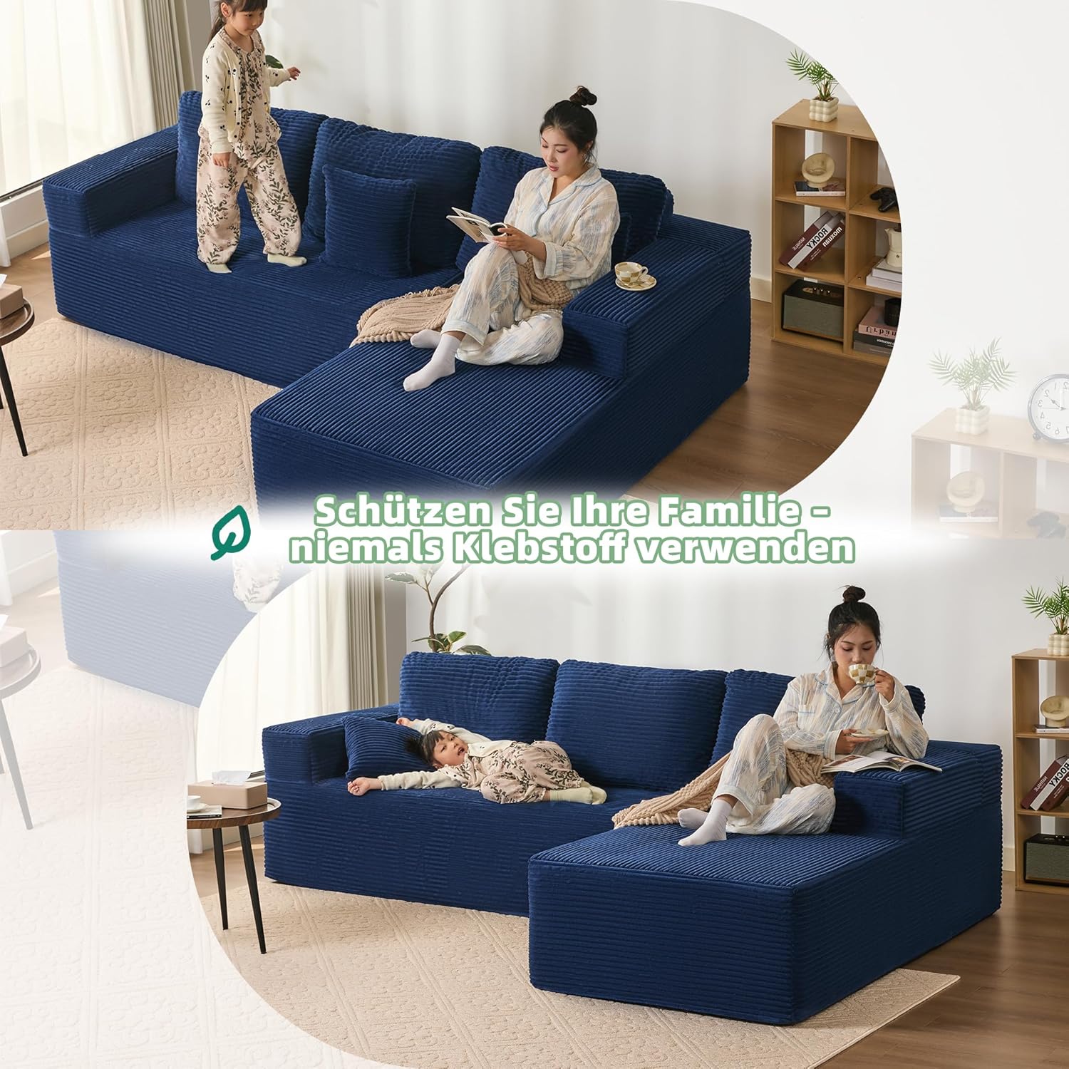 Modulares L-förmiges Ecksofa mit Schlaffunktion – rahmenloses Schlafsofa mit Chaiselongue rechts, extra tiefer Sitzfläche, montagefrei, für Wohnzimmer,Navyblau