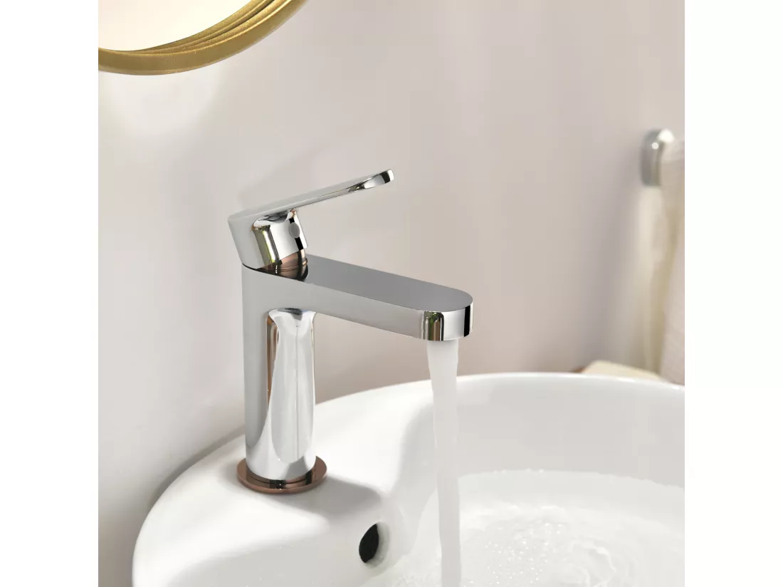 Robinet Salle de Bain Moderne, AuraLum Max Mitigeur pour Lavabo avec Finition or Rose, Laiton Robinet Lavabo avec Bulleur Rechange, Chromé,EU Modèle