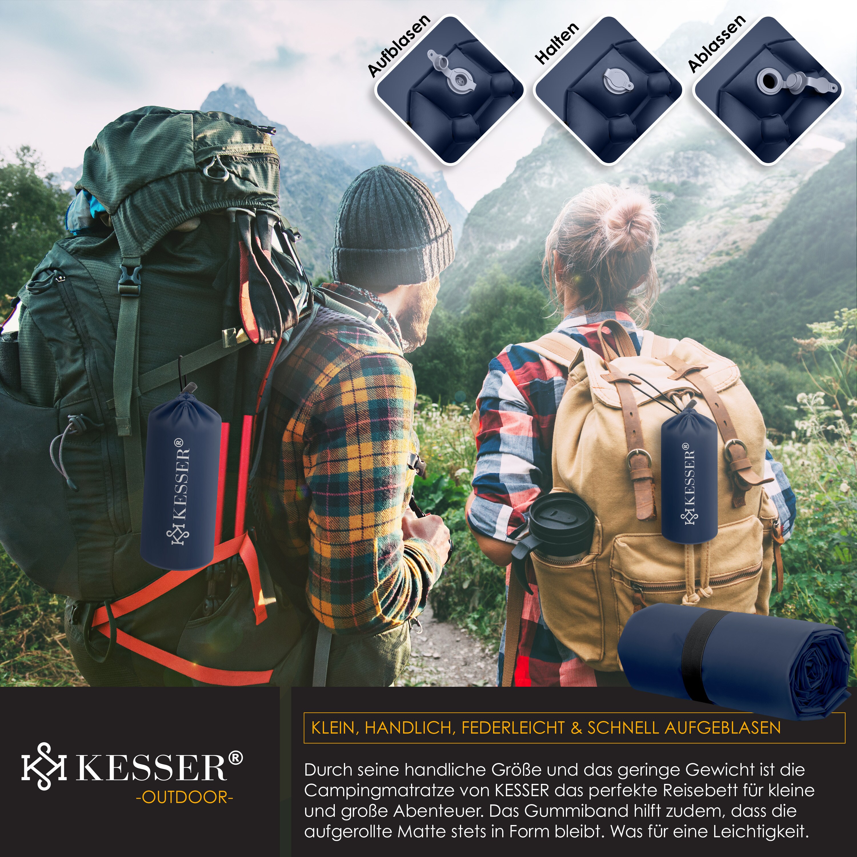 KESSER® Camping Matratze Isomatte Aufblasbare Luftmatratze Campingmatte inkl. Tragebeutel Outdoor Ultraleicht Faltbare Schlafmatte [mit Reparaturset] Belastbarkeit: 200Kg
