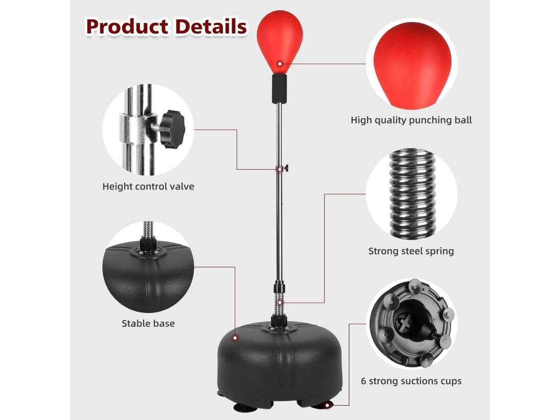 Punching Ball, Ballon de Vitesse, avec 6 tasses d'aspiration, hauteur réglable 135-155 cm, pour Enfants/Adultes - 47,5x47,5x155cm