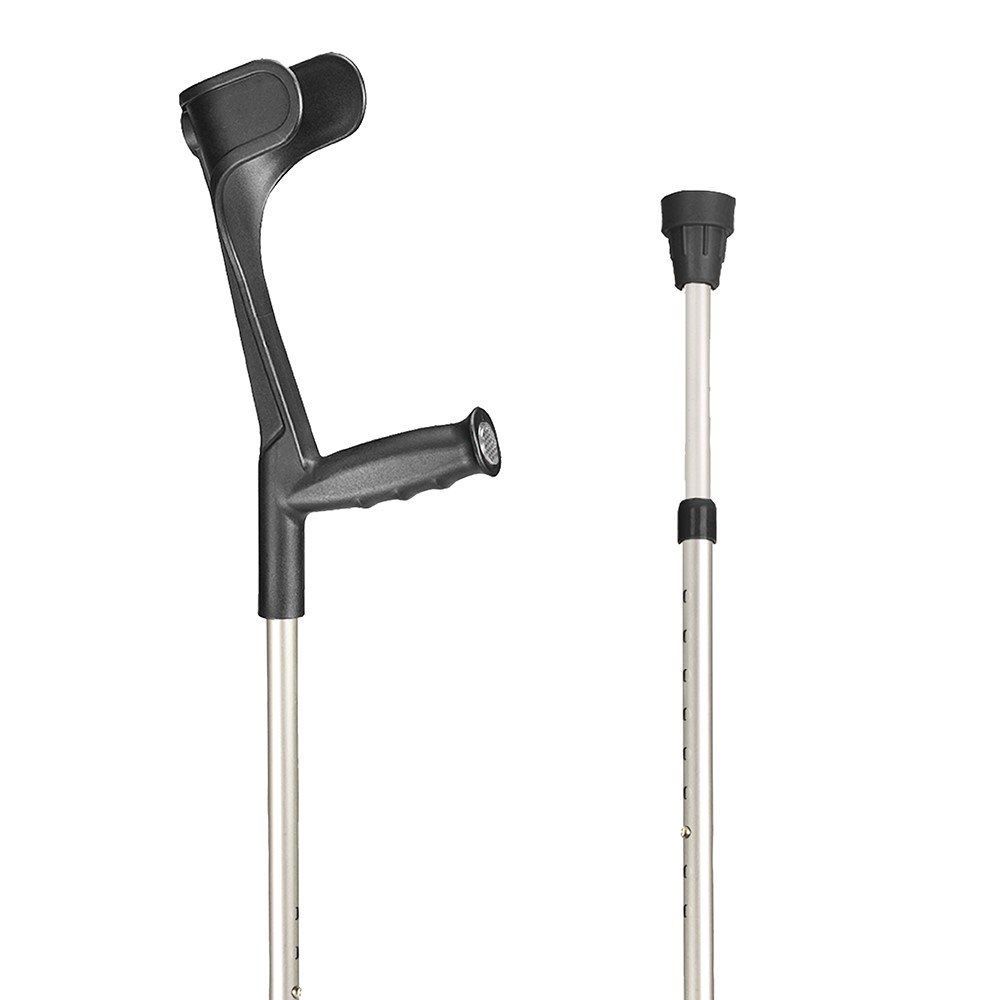 SAHAG Krücken Ergo Softgriff<br>1 Paar, 76-96cm, alu schwarz -140kg Druckknopf 2 Reflektoren