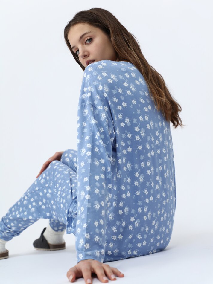 Conjunto de pijama comprido estampado - Azul escuro