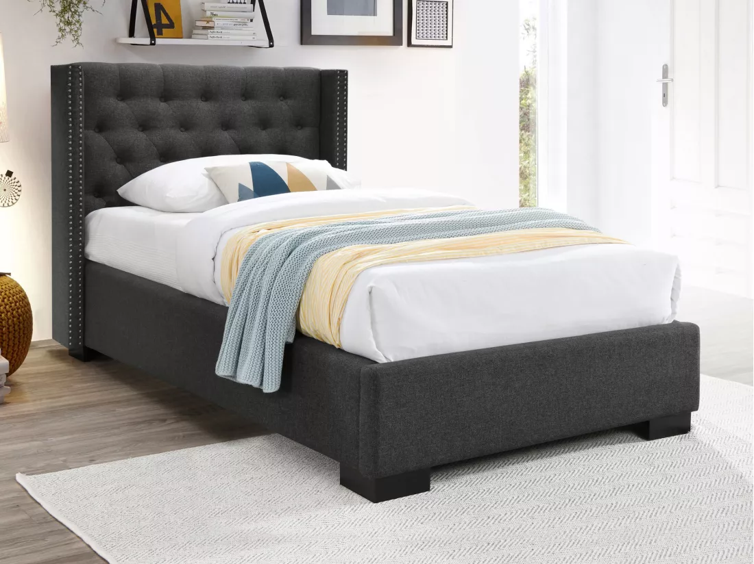 Lit 90 x 200 cm avec tête de lit capitonnée - Tissu - Gris + Matelas - MASSIMO II