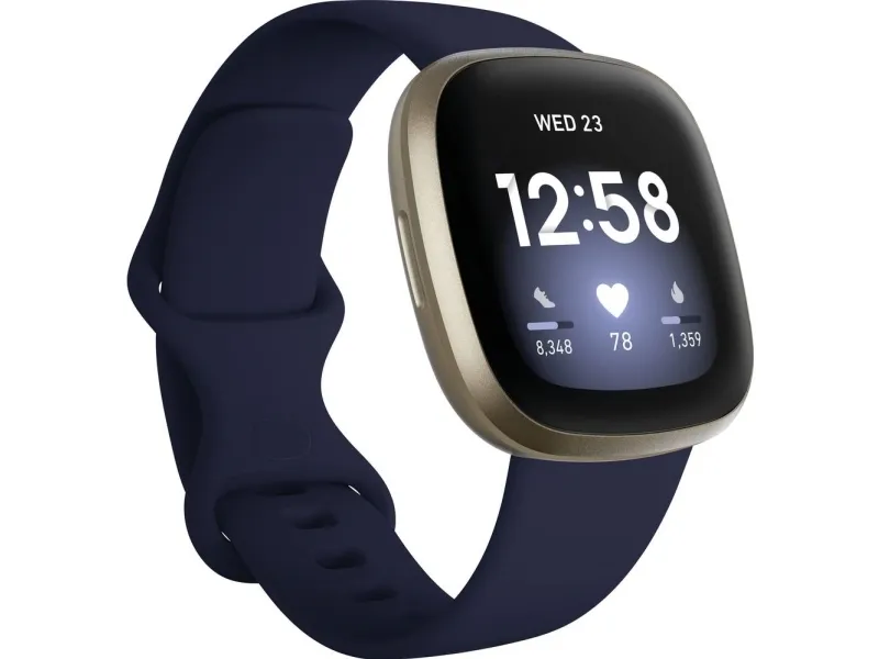 [OUTLET] - Fitbit Versa 3 - Blødt guld-aluminium - smart ur med bånd - silikone - midnat - båndstørrelse: S/L - Wi-Fi, NFC, Bluetooth