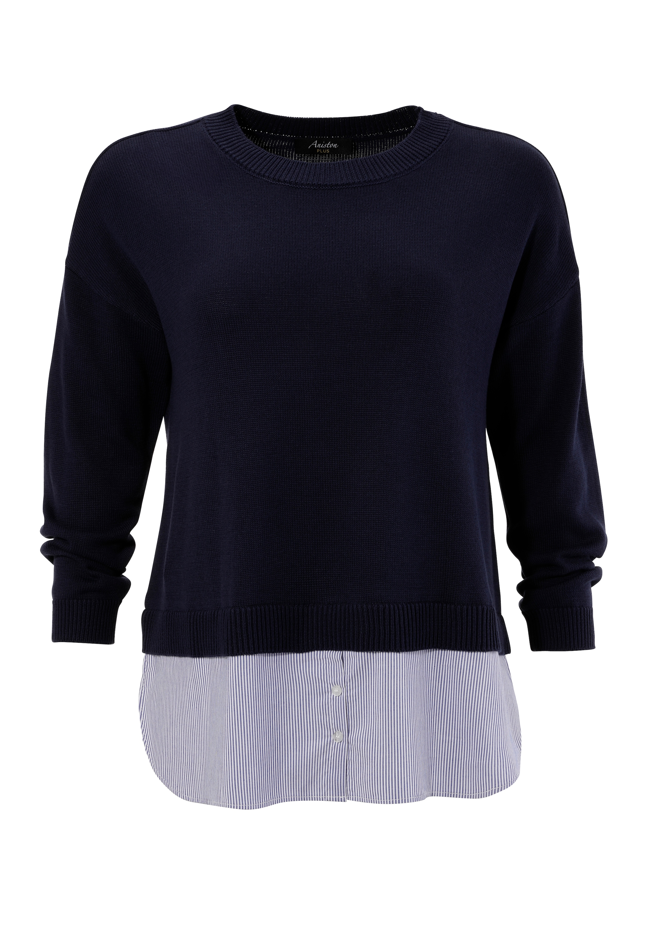 Aniston PLUS Strickpullover , mit gestreiftem Bluseneinsatz am Saum
