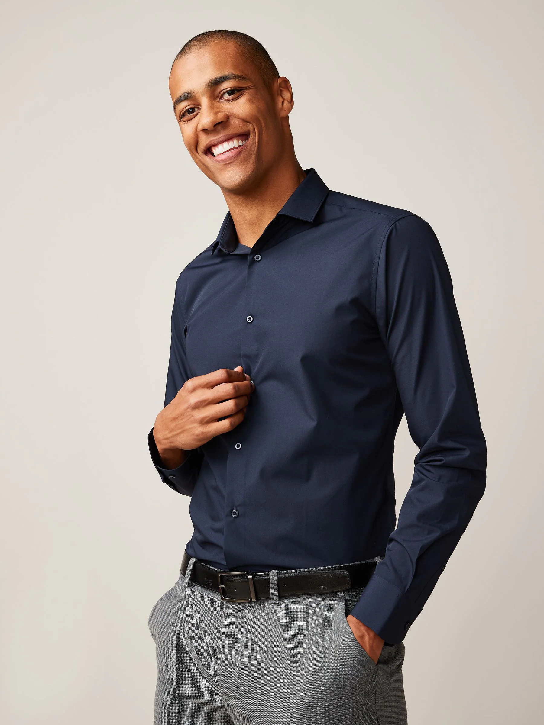 Marineblauw - Slim Fit - Strijkvrij net overhemd met enkele manchet