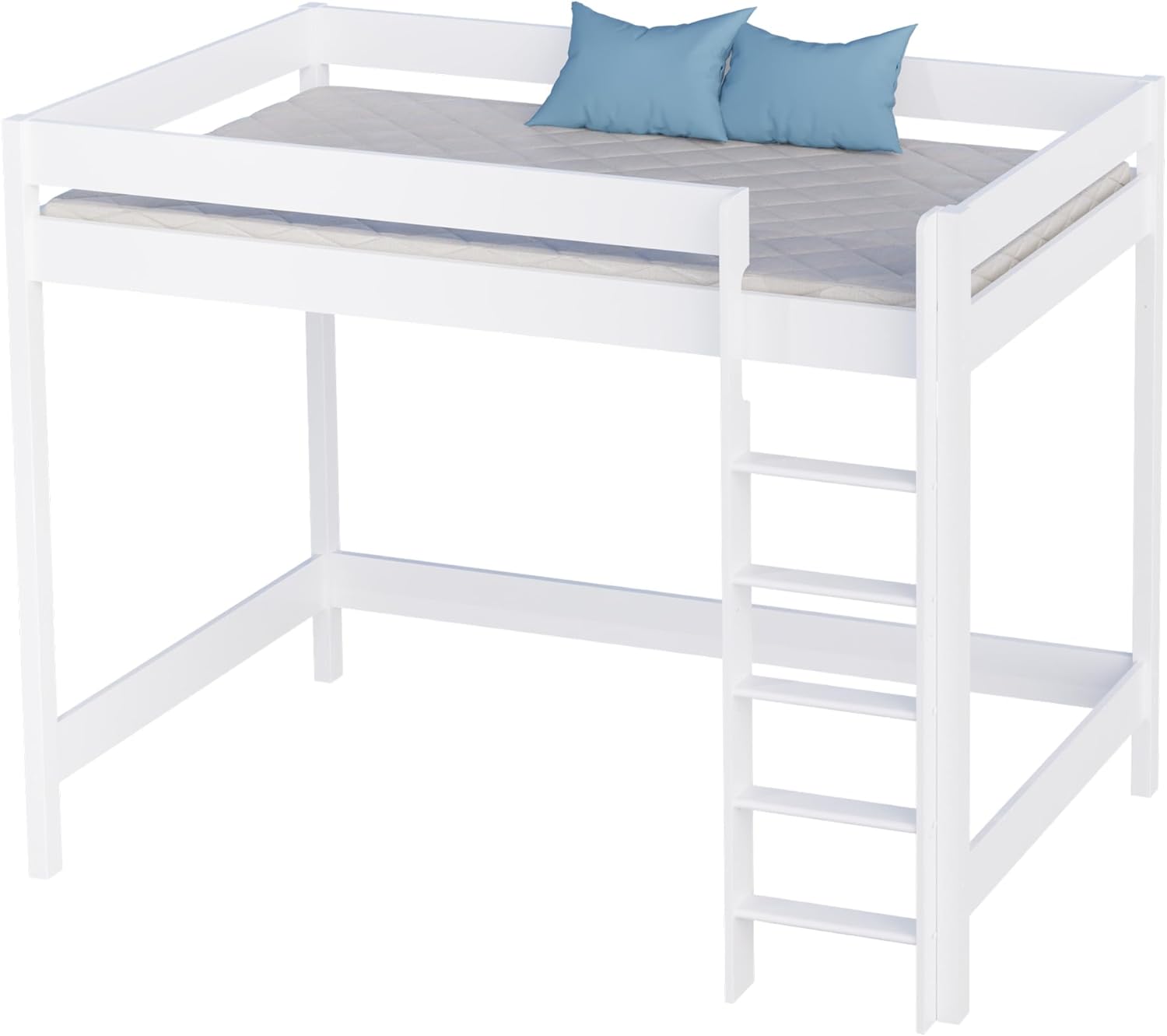 Hochbett Kinder Hugo 180x80 cm weiß mit Matratze I Kinderbett Kinderhochbett mit Treppe aus Holz I Hochbett Jugendliche I Loft Bed für Kinderzimmer