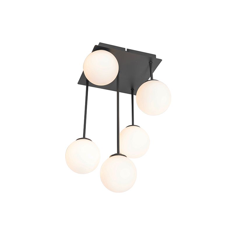 Moderne plafondlamp zwart met opaal glas 5-lichts  - Athens