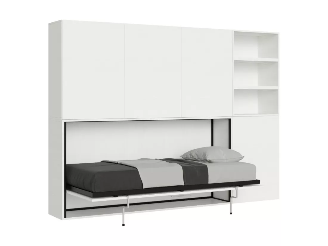 Lit escamotable horizontal blanc Bounto 85x185 avec rangement et bibliothèque composition F-