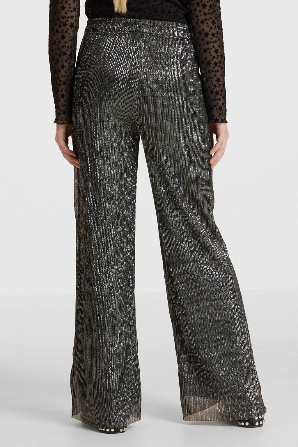 anytime plisse wide leg broek zwart/zilver