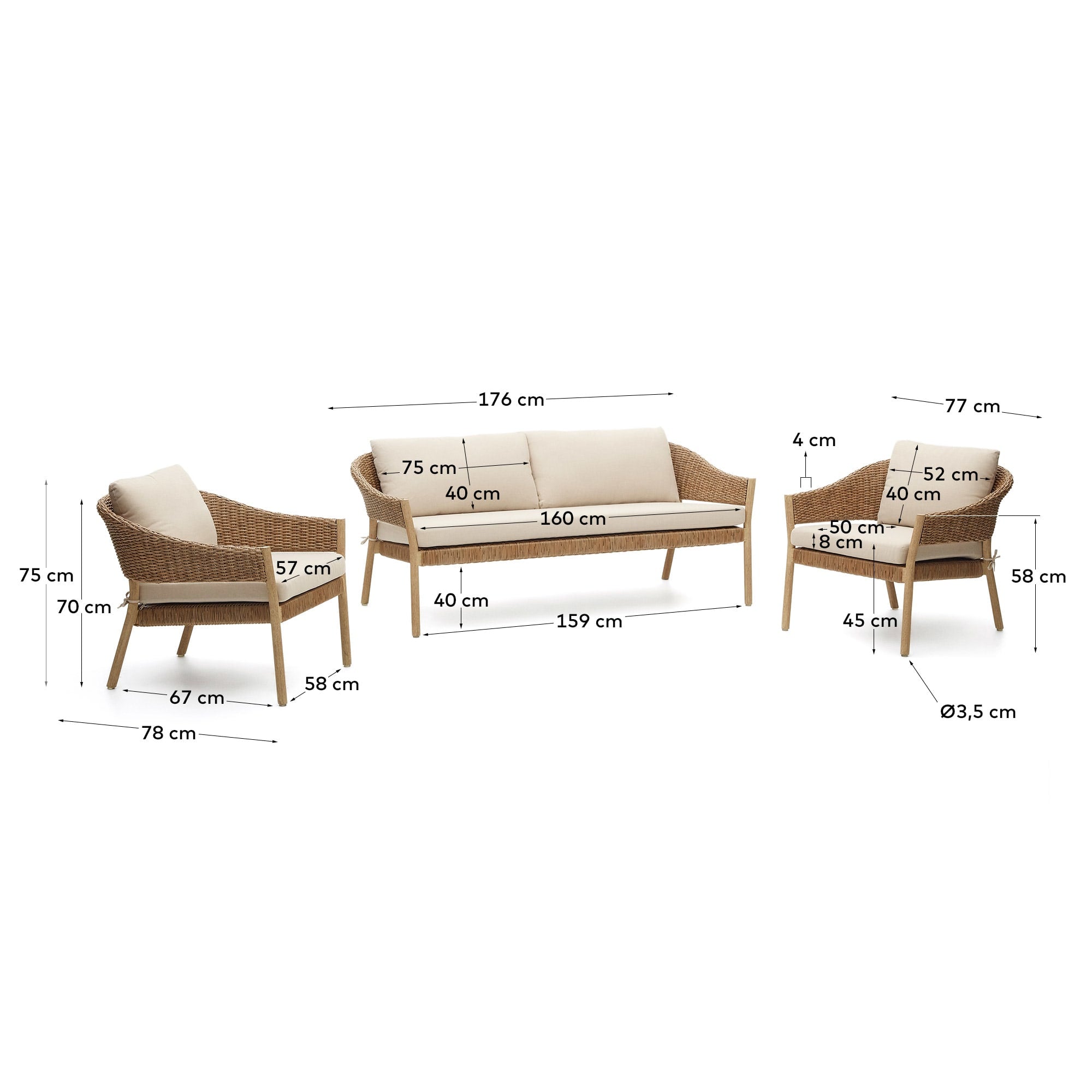 Kave Home - Set Pola 2-zitsbank en 2 fauteuils in massief