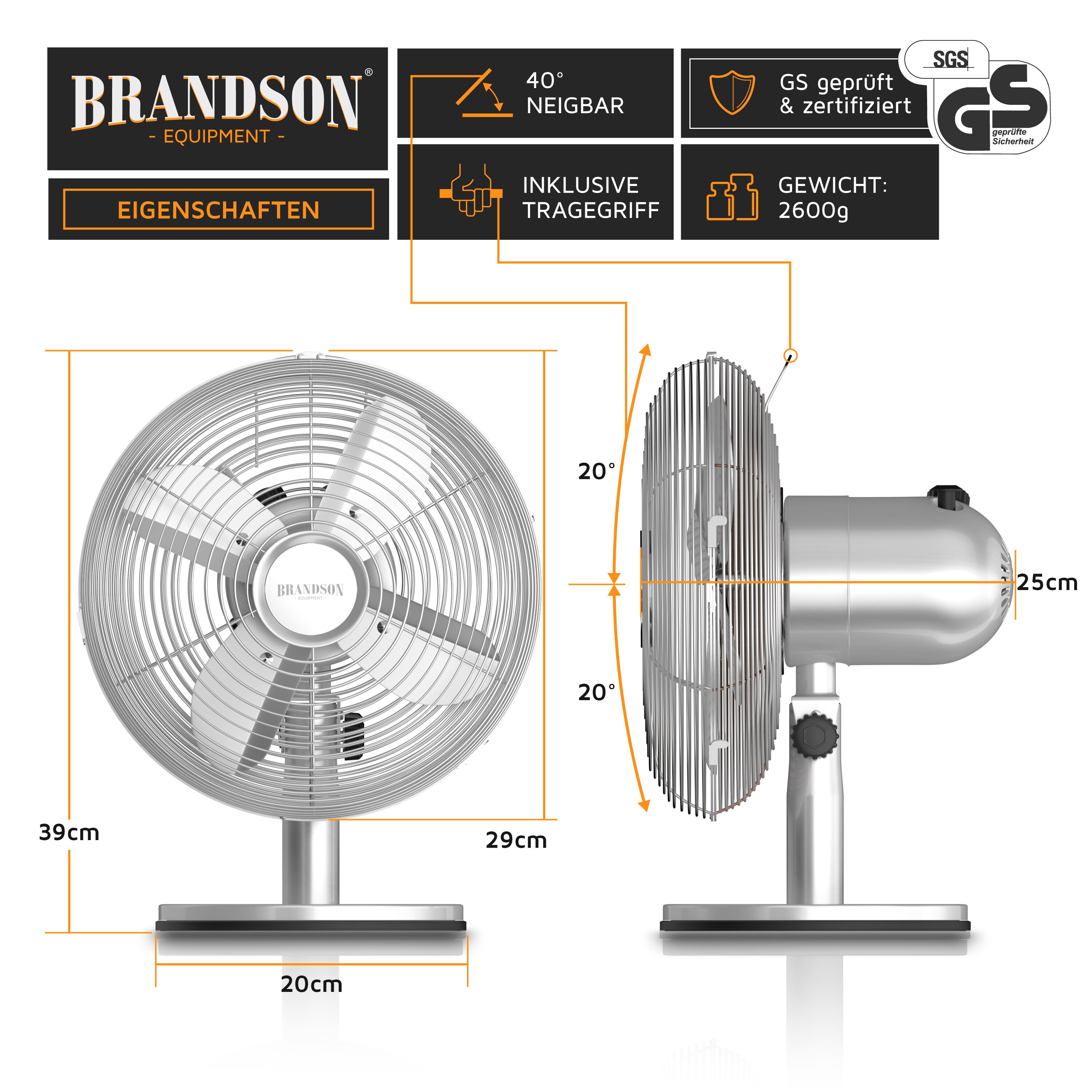 Brandson Tischventilator, mobiler Lüfter, oszillierend 80°, Ventilator mit 3 Geschwindigkeitsstufen, Robustes Voll-Metallgehäuse, Neigung ca. 40°