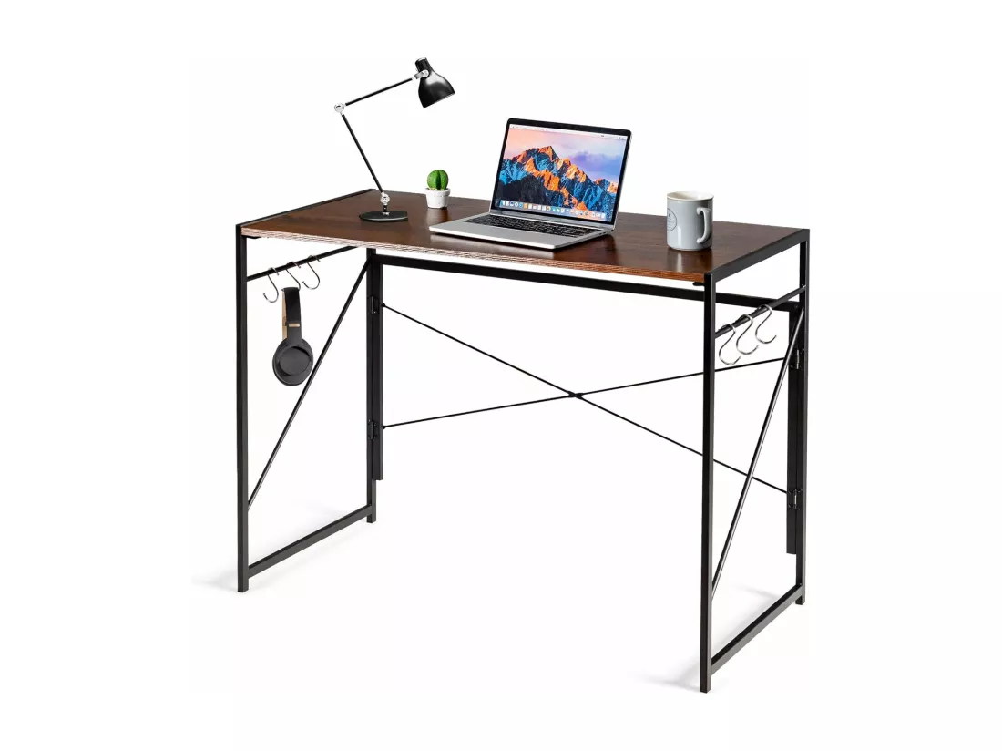 Bureau d'Ordinateur Pliant 100 x 50 cm, Table de Bureau Cadre en Métal, 6 Crochets en Forme de S, Charge 115kg Style Industriel/Moderne (Marron)