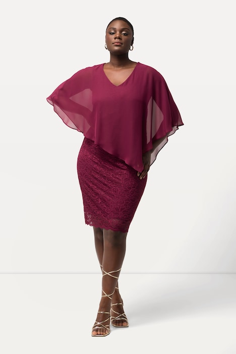 Abendkleid, Chiffon-Cape, Jersey, Spitzensaum, 3/4-Arm