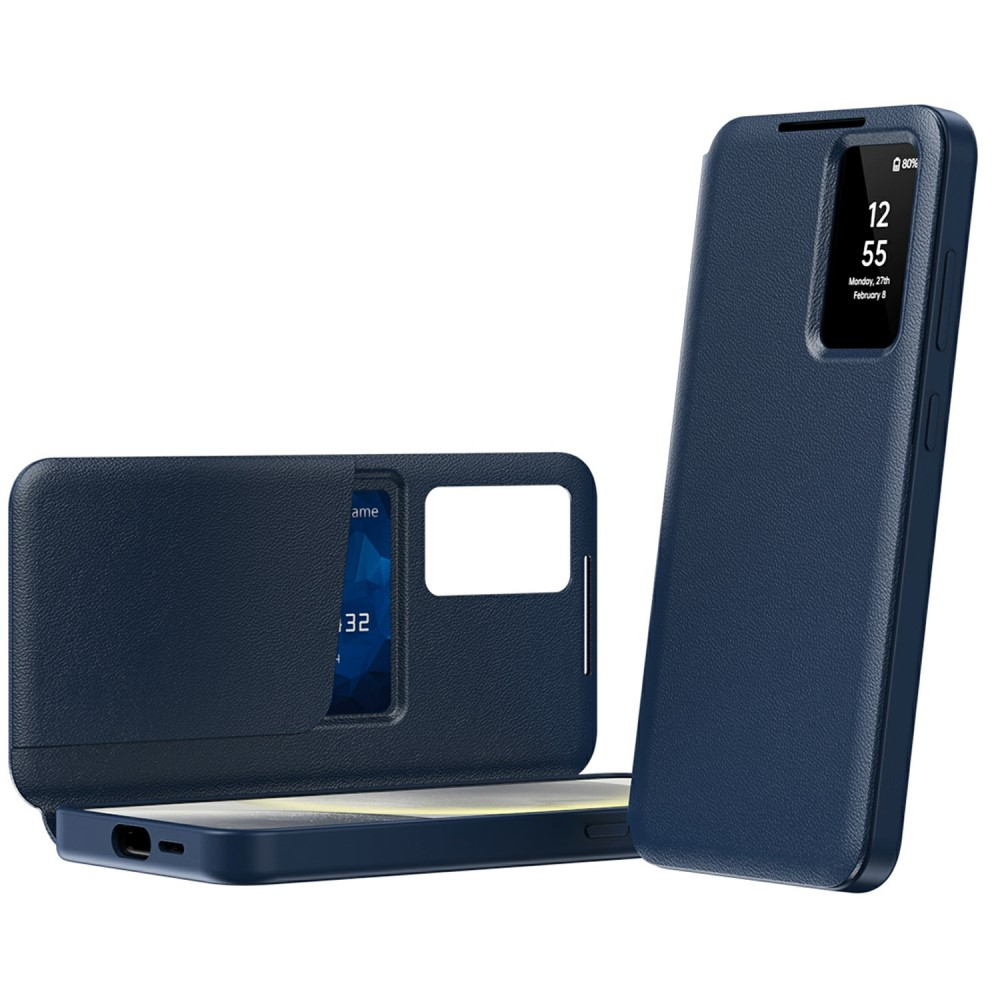 Samsung Galaxy A56 Leder Hülle Small Window View Flip Case Litchi Look - Dunkelblau