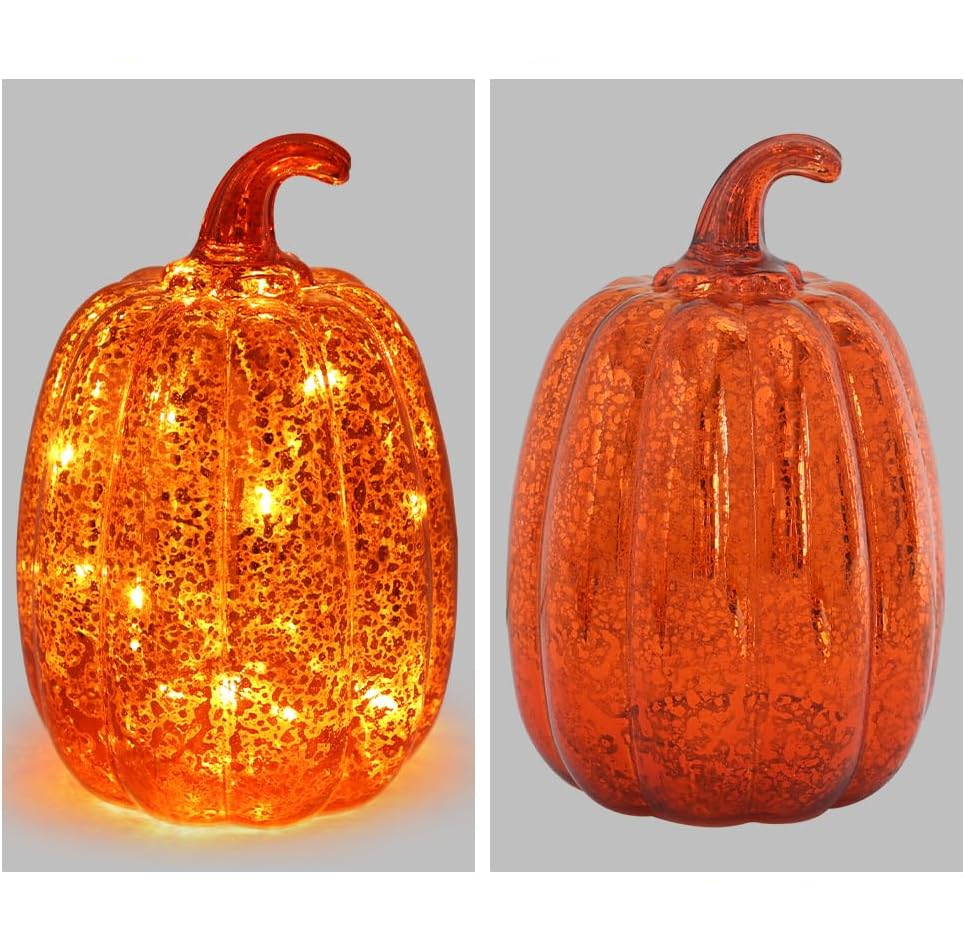 (14x19.5cm) LED Glas Kürbis Lampe Herbst Accessoire Thanksgiving Home Deko mit Beleuchtung