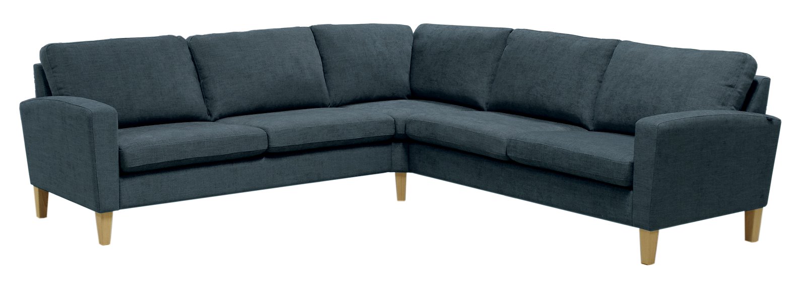 Noor Soft 25 hjørnesofa 2,5/2,5-seter hjørnesofa. Tekstil Mia Blå, vange 01 og med ben 20 hvitoljet eik