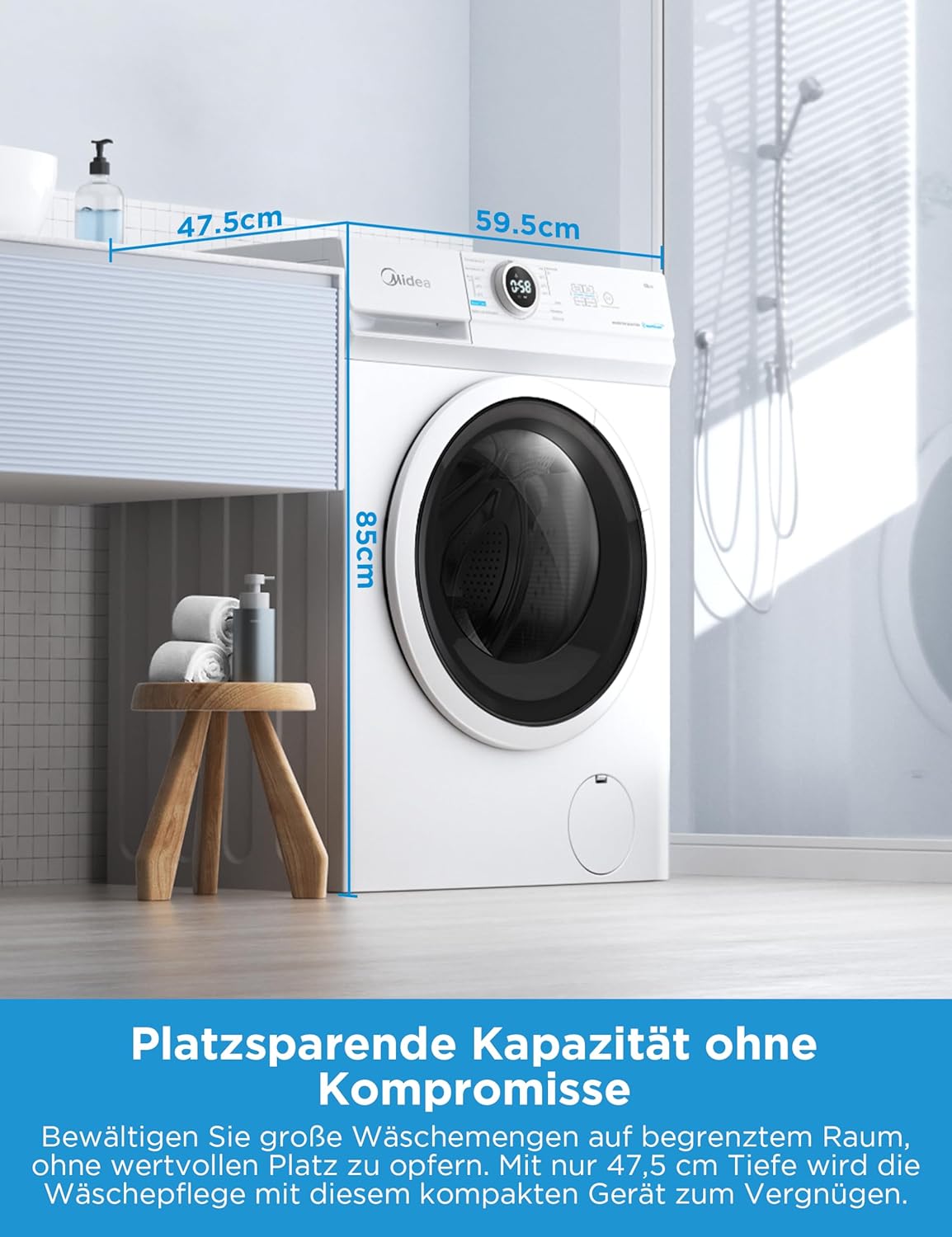 Midea MF10EW80B Waschmaschine / 8kg / 1400 U/Min/EEK A/Inverter Quattro Moto/Slim Line/Dampffunktion/Grosse Trommel/Slim Design/Nachlegefunktion/Kindersicherung/AquaStop, Weiß