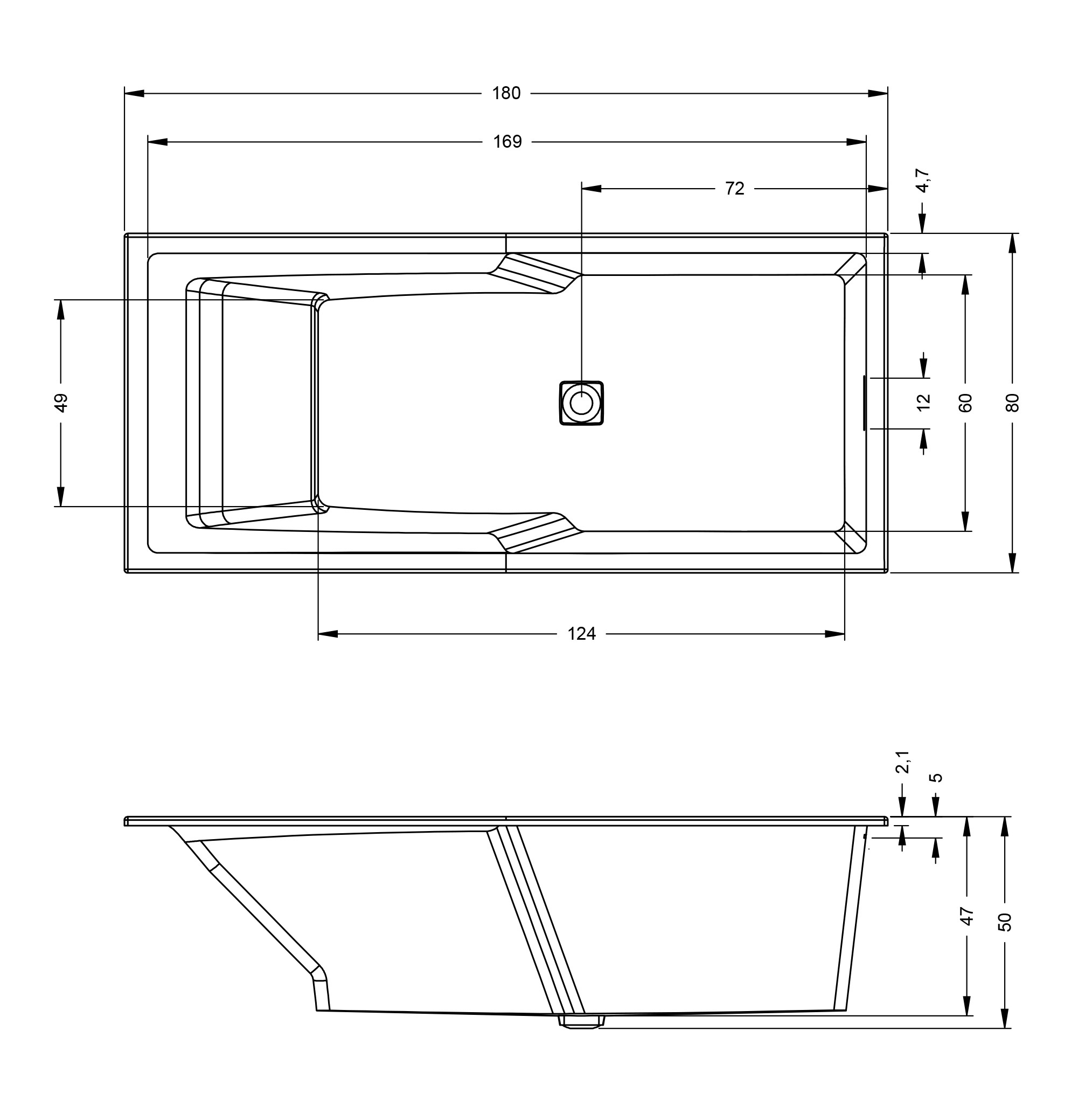 Riho Still Shower inbouw ligbad 180x80cm wit glans met Fall overloop