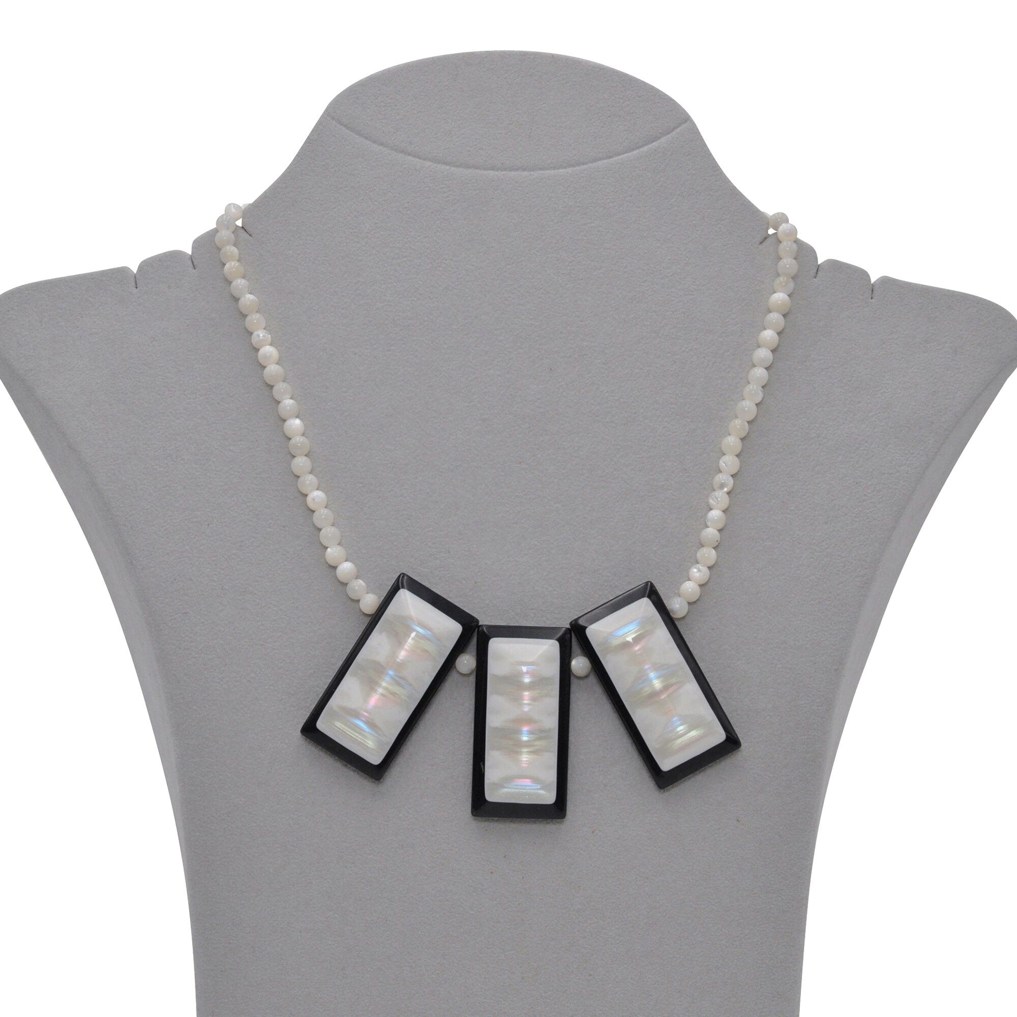 Steuer Modeschmuck Kette Collier mit 3 Zier-Rechtecken, Perlmutt/schwarz