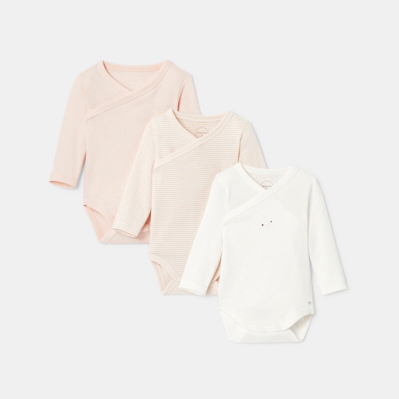 Lot de 3 bodies cœur croisé manches longues en jersey de coton bio rose naissance Absorba Rose
