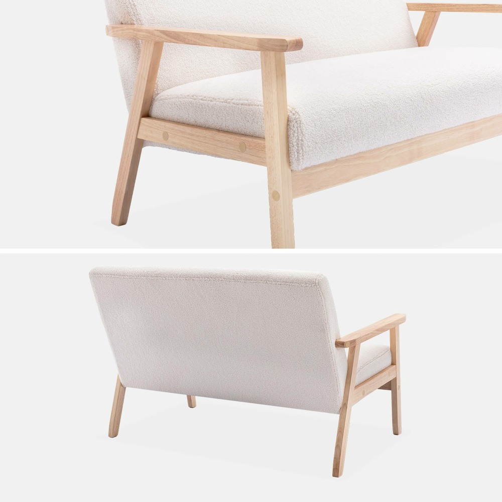 Banquette canapé en bois et tissu bouclette. Isak. L 114 x p 69.5 x h 73cm
