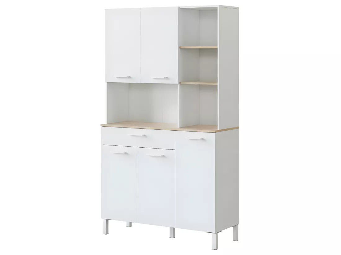Buffet meuble cuisine 5 portes + 1 tiroir coloris blanc artic/chêne canadien - Hauteur 186 cm x Longueur 108 cm x Profondeur 40 cm