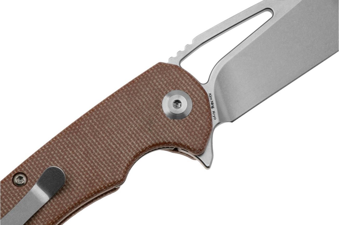 Kansept Kryo T1001M4 Stonewashed 12C28N, Brown Micarta, zakmes, Kim Ning design