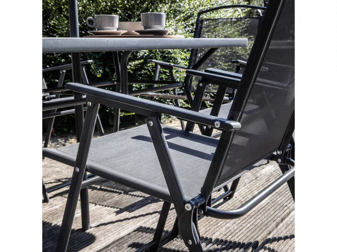 Salon de jardin table et 6 chaises pliantes avec parasol central