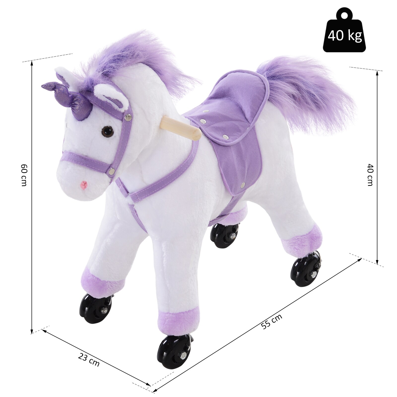 HOMCOM Plüsch-Einhorn auf Rollen weiß, lila 55 x 23 x 60 cm (LxBxH)