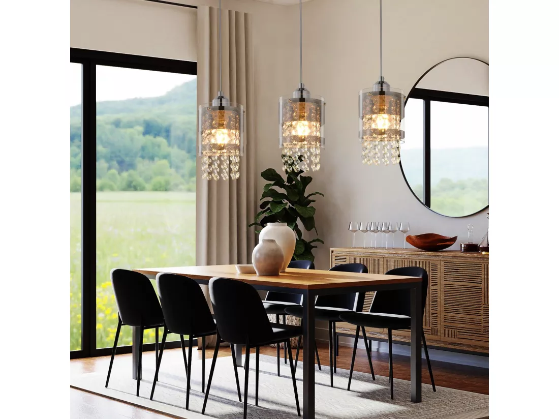 NETTLIFE Suspension 3 Ampoules E27 Moderne Diam.60CM Hauteur Réglable Design Verre et Cristal pour Salon Chambre Cuisine Salle à Manger Max.25w