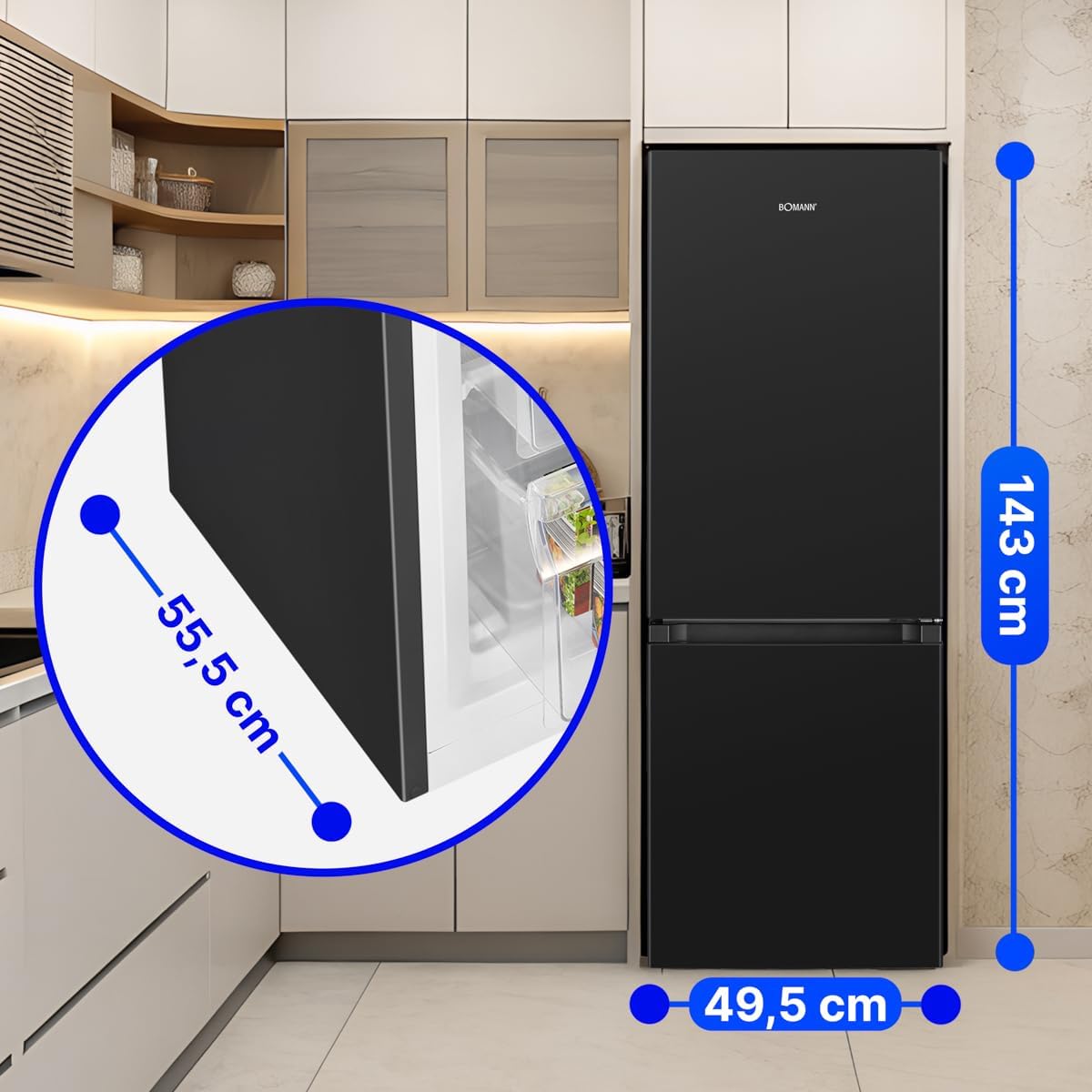 Bomann® Kühlschrank mit Gefrierfach | Energieklasse D | 143cm | Kühl Gefrierkombination leise 39 dB | 3 Ablagen & 3 Schubladen | Türanschlag wechselbar | 175L Kühlgefrierkombi | KG 322.1 schwarz